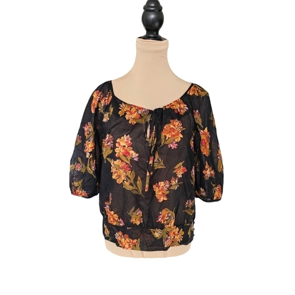 Edme & Esyllte Anthropologie Black Floral Lightweight Puff Sleeve Blouse Sz M